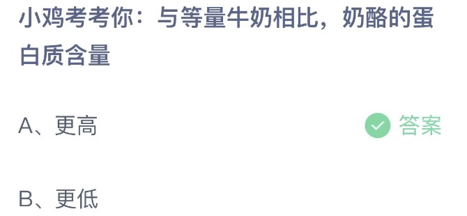 小鸡考考你与等量牛奶相比奶酪的蛋白质含量 蚂蚁庄园4月29日今天答案正确答案