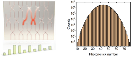图-2：左图，“九章”实验的原理图，光子干涉网络和结果分布的示意图。右图，最终探测到的光子数分布。这高斯分布横轴最高的数目是76个光子。