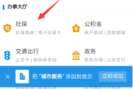 选择“办事大厅”分类下的“社保”功能